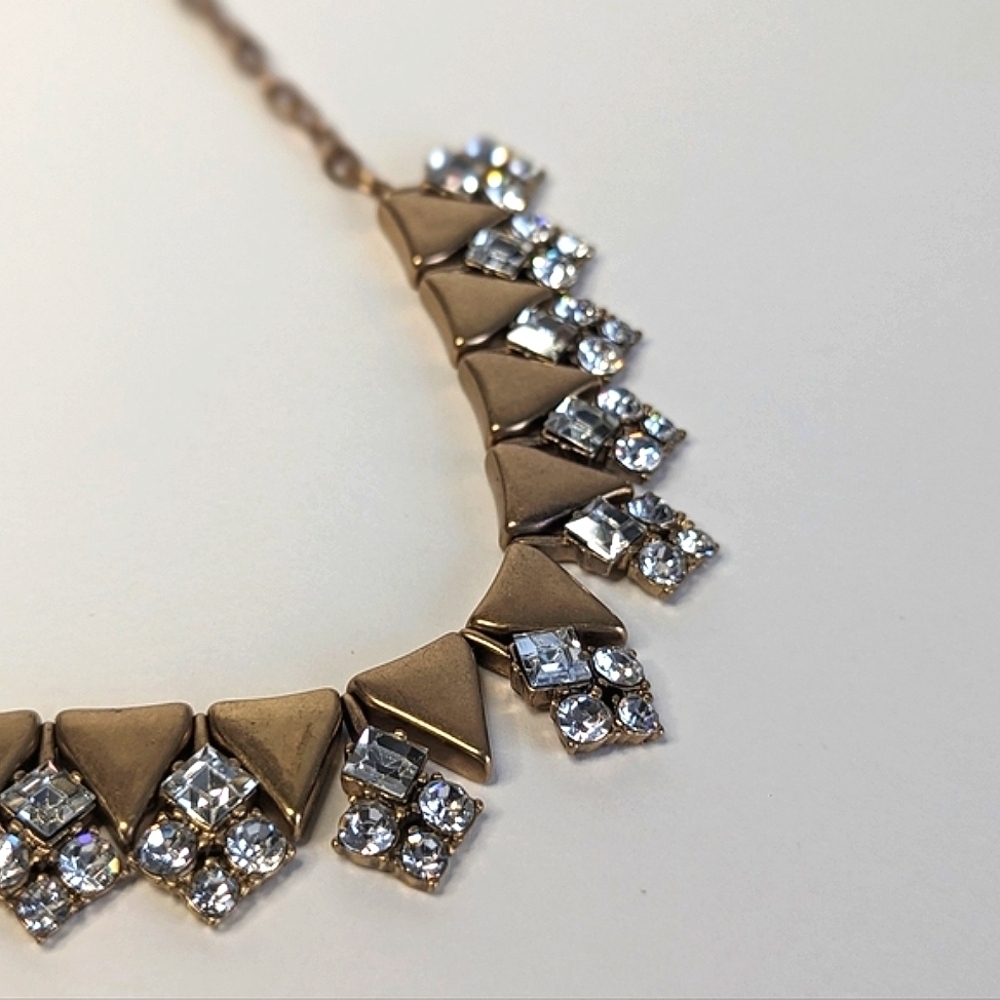 J. Crew Segmented Bib Chain Necklace Rhinestones Triangle Bead Antique Gold Tone - Picture 3 of 7